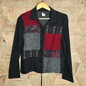 First Option Womens Black Red Patchwork Button Up Jacket Size PS Boho